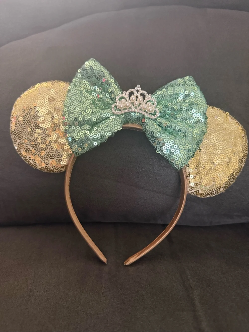 Sequin Mouse Ear Headband with Green Bow and Gold Ears